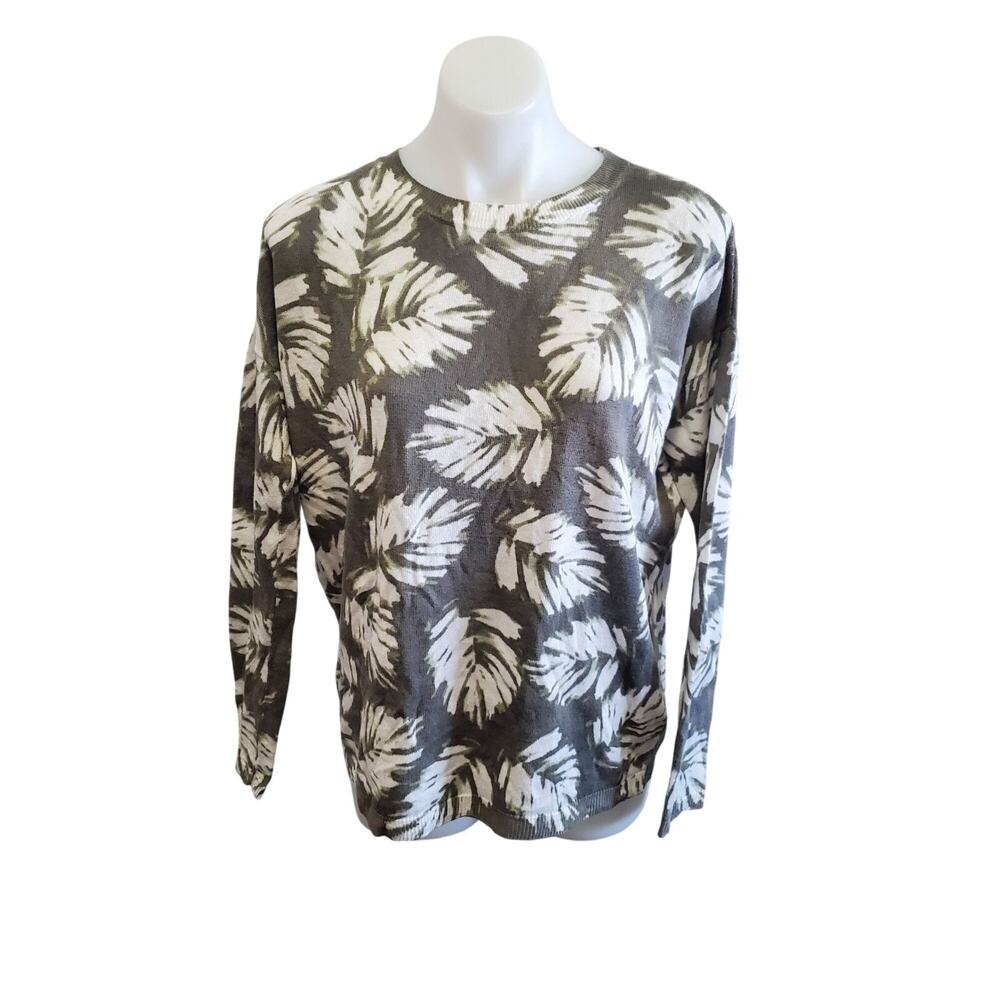 J. Jill Palm Leaf Linen Sweater Oversized S/L Green Tropical Lightweight Resort